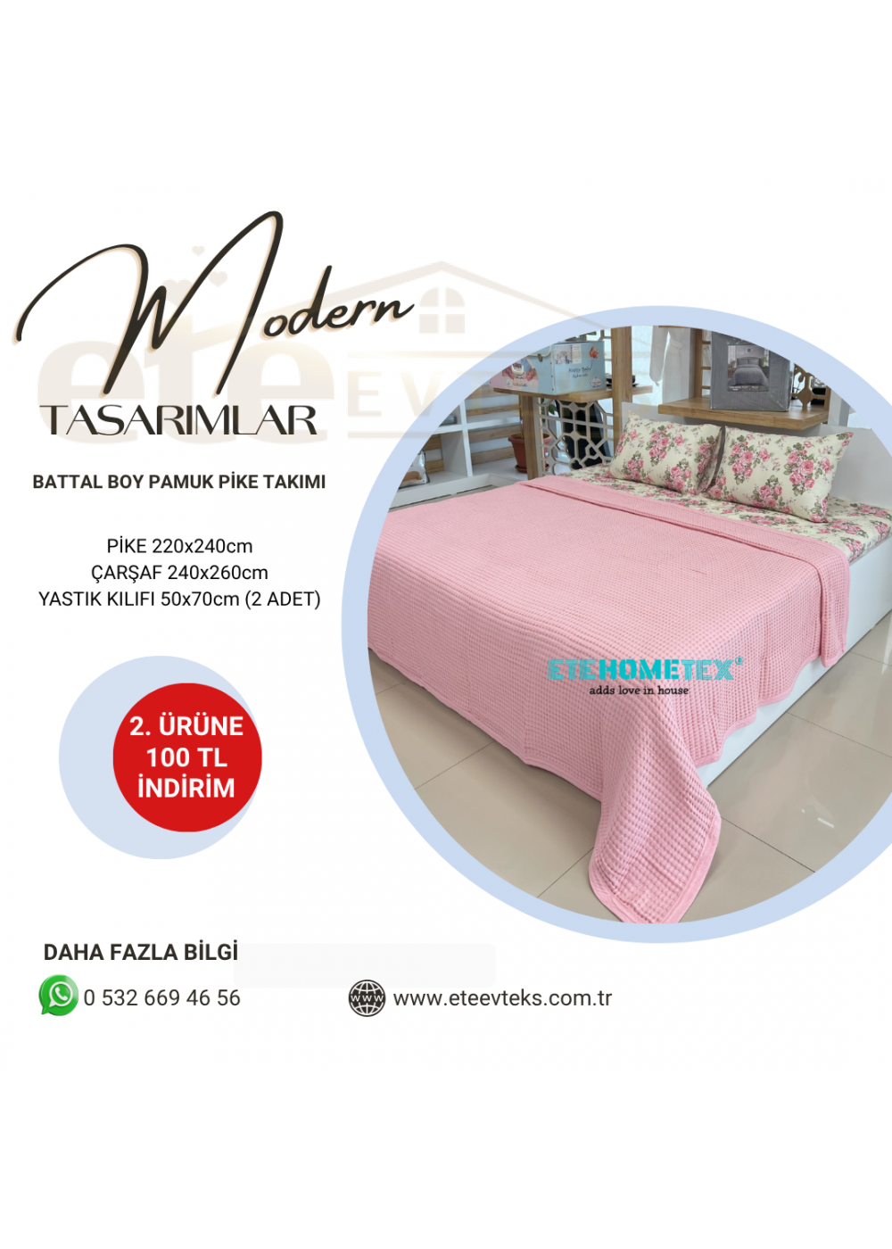 ETEHOMETEX ÇİFT KİŞİLİK HAVUZLU PİKE TAKIMI PEMBE 8696474231885